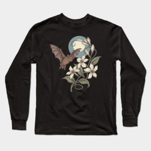 Moonlit Bat with Delicate Night Blossoms Long Sleeve T-Shirt