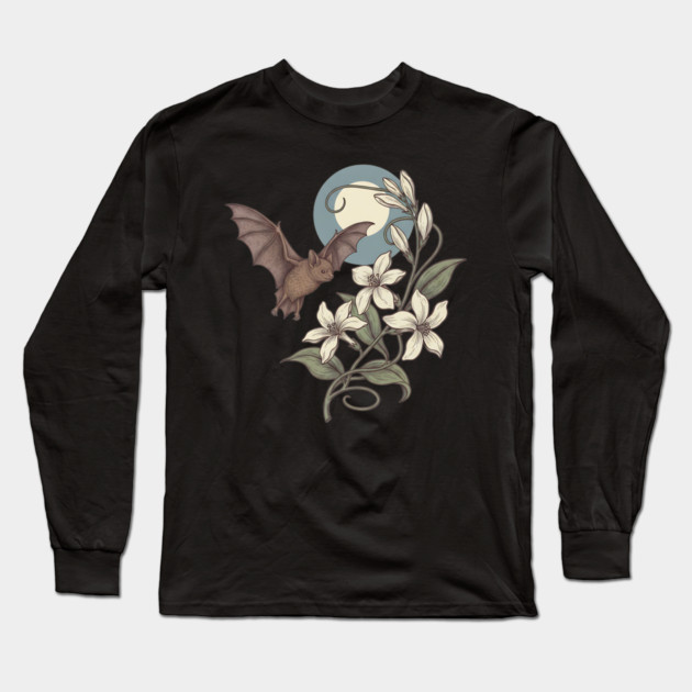 Moonlit Bat with Delicate Night Blossoms Long Sleeve T-Shirt by BirdsnStuff