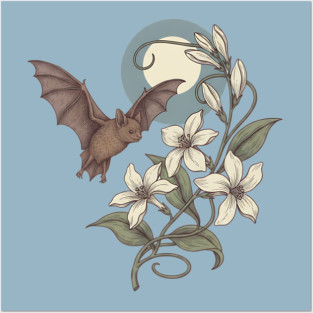 Moonlit Bat with Delicate Night Blossoms Posters and Art