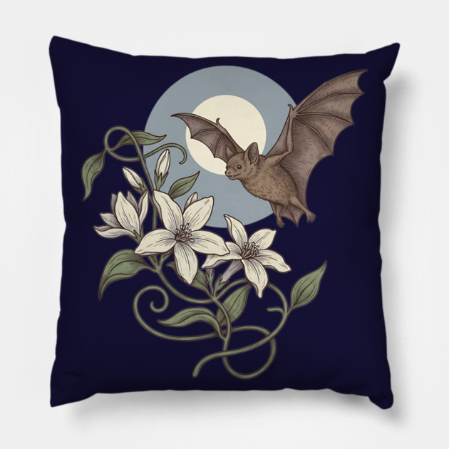 Moonlit Bat with Soft Climbing Blossoms Pillow by BirdsnStuff