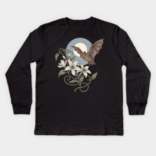 Moonlit Bat with Soft Climbing Blossoms Kids Long Sleeve T-Shirt
