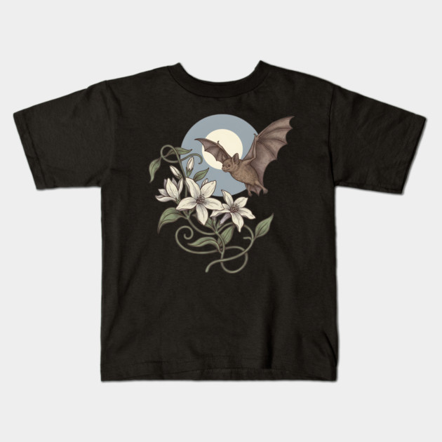 Moonlit Bat with Soft Climbing Blossoms Kids T-Shirt by BirdsnStuff