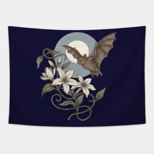 Moonlit Bat with Soft Climbing Blossoms Tapestry