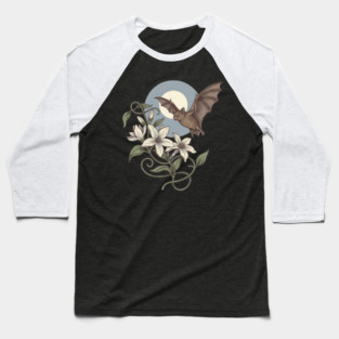 Moonlit Bat with Soft Climbing Blossoms Baseball T-Shirt