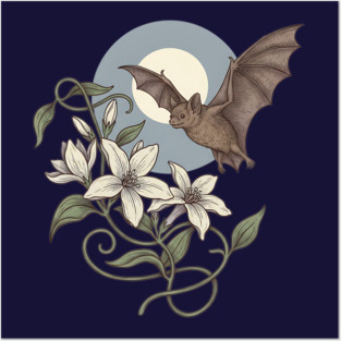 Moonlit Bat with Soft Climbing Blossoms Posters and Art