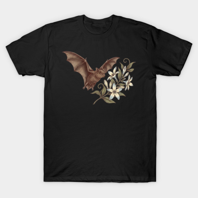 Vintage Little Brown Bat Night Blossoms T-Shirt by BirdsnStuff