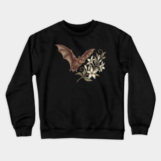 Vintage Little Brown Bat Night Blossoms Crewneck Sweatshirt by BirdsnStuff