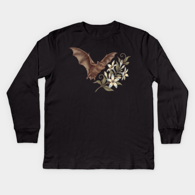 Vintage Little Brown Bat Night Blossoms Kids Long Sleeve T-Shirt by BirdsnStuff