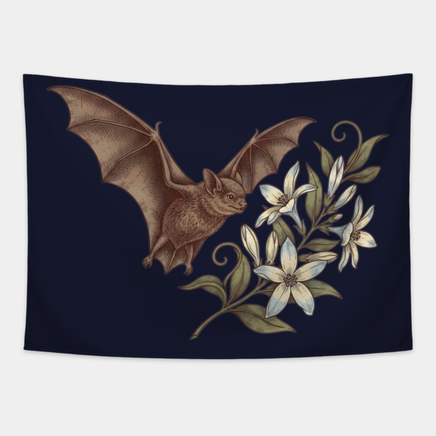 Vintage Little Brown Bat Night Blossoms Tapestry by BirdsnStuff