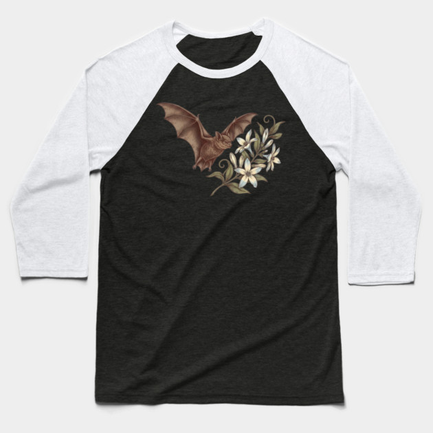 Vintage Little Brown Bat Night Blossoms Baseball T-Shirt by BirdsnStuff