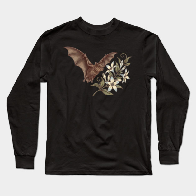 Vintage Little Brown Bat Night Blossoms Long Sleeve T-Shirt by BirdsnStuff