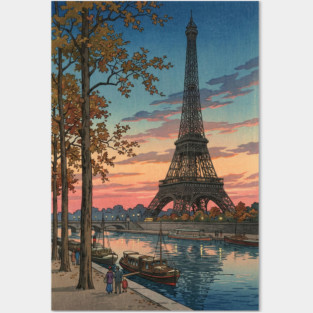 Eiffel Tower in Evening Japanese Woodblock Print Posters and Art