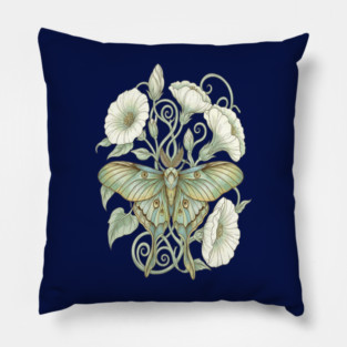 Luna Moth with Soft Pale Moonflowers Pillow