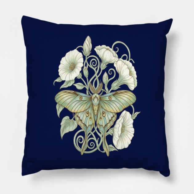 Luna Moth with Soft Pale Moonflowers Pillow by BirdsnStuff