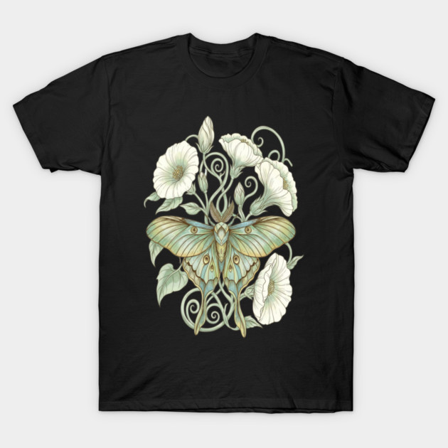 Luna Moth with Soft Pale Moonflowers T-Shirt by BirdsnStuff