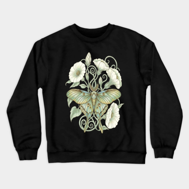 Luna Moth with Soft Pale Moonflowers Crewneck Sweatshirt by BirdsnStuff