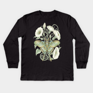 Luna Moth with Soft Pale Moonflowers Kids Long Sleeve T-Shirt