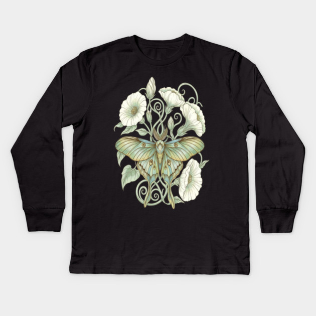 Luna Moth with Soft Pale Moonflowers Kids Long Sleeve T-Shirt by BirdsnStuff