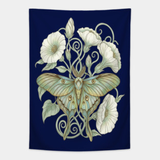 Luna Moth with Soft Pale Moonflowers Tapestry