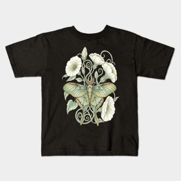 Luna Moth with Soft Pale Moonflowers Kids T-Shirt by BirdsnStuff