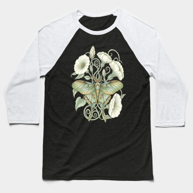 Luna Moth with Soft Pale Moonflowers Baseball T-Shirt by BirdsnStuff