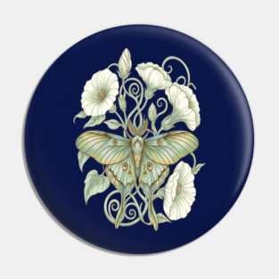 Luna Moth with Soft Pale Moonflowers Pin