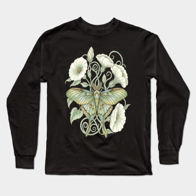 Luna Moth with Soft Pale Moonflowers Long Sleeve T-Shirt by BirdsnStuff