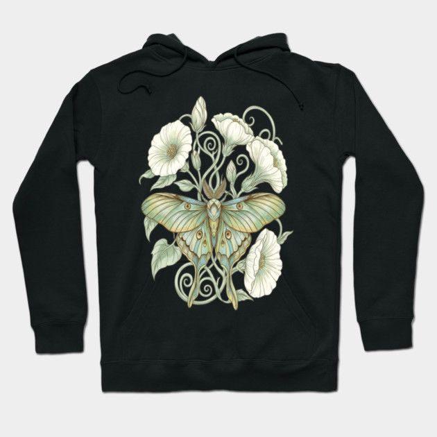 Luna Moth with Soft Pale Moonflowers Hoodie by BirdsnStuff