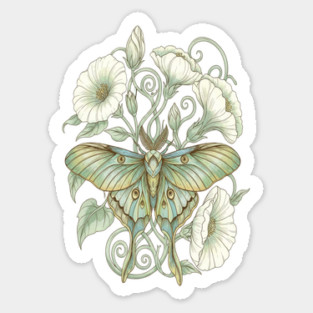Luna Moth with Soft Pale Moonflowers Sticker