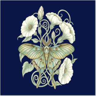 Luna Moth with Soft Pale Moonflowers Posters and Art