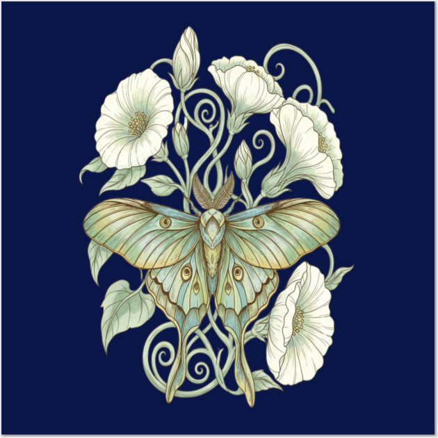 Luna Moth with Soft Pale Moonflowers Wall Art by BirdsnStuff