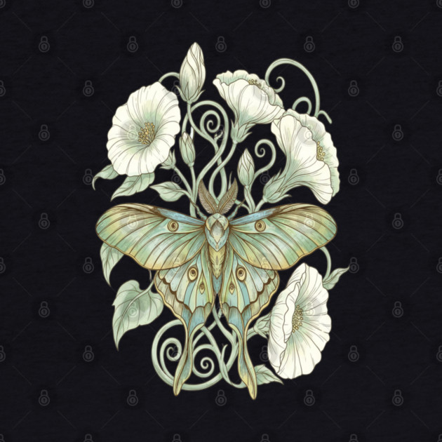 Luna Moth with Soft Pale Moonflowers by BirdsnStuff