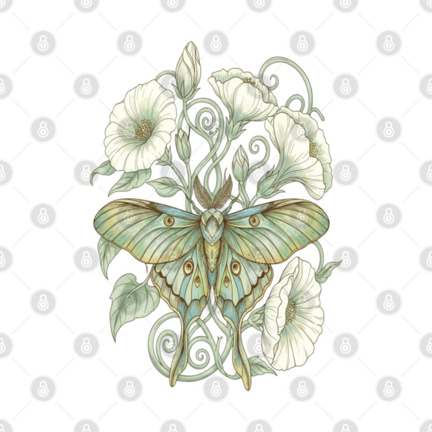 Luna Moth with Soft Pale Moonflowers by BirdsnStuff