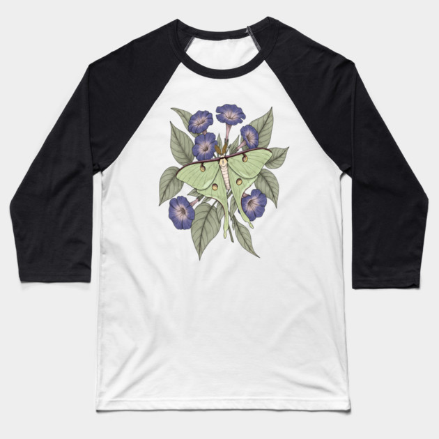 Luna Moth with Violet Botanical Blooms Baseball T-Shirt by BirdsnStuff