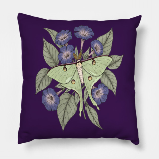 Luna Moth with Violet Botanical Blooms Pillow by BirdsnStuff
