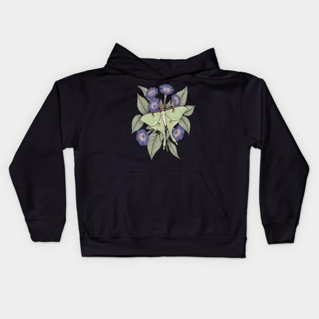 Luna Moth with Violet Botanical Blooms Kids Hoodie by BirdsnStuff