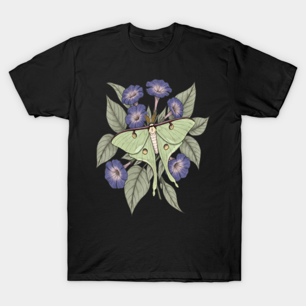 Luna Moth with Violet Botanical Blooms T-Shirt by BirdsnStuff