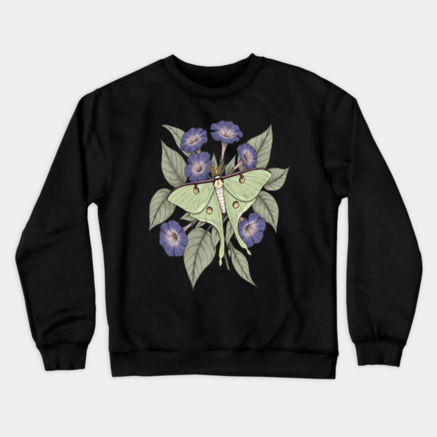 Luna Moth with Violet Botanical Blooms Crewneck Sweatshirt by BirdsnStuff