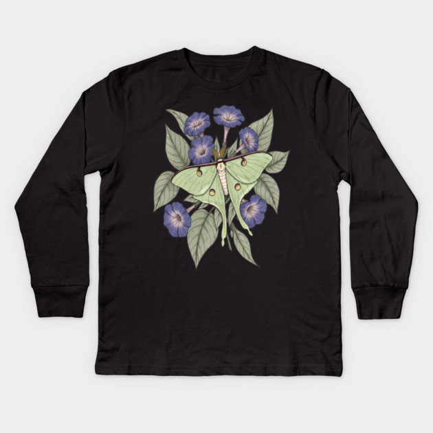 Luna Moth with Violet Botanical Blooms Kids Long Sleeve T-Shirt by BirdsnStuff