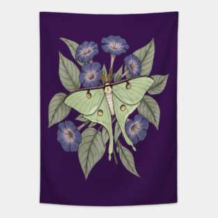 Luna Moth with Violet Botanical Blooms Tapestry
