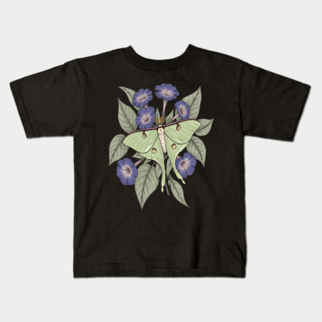 Luna Moth with Violet Botanical Blooms Kids T-Shirt by BirdsnStuff