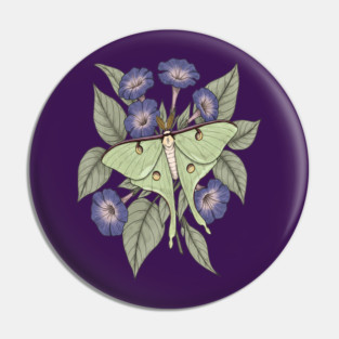 Luna Moth with Violet Botanical Blooms Pin