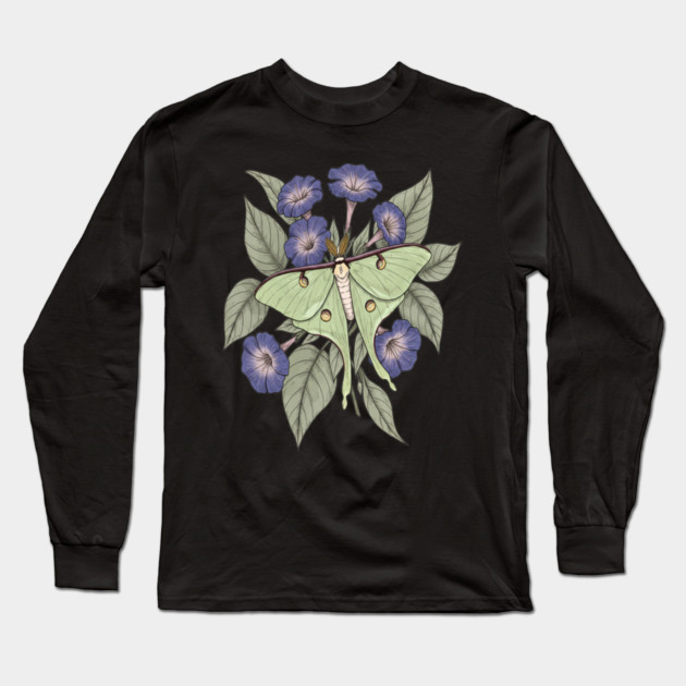 Luna Moth with Violet Botanical Blooms Long Sleeve T-Shirt by BirdsnStuff