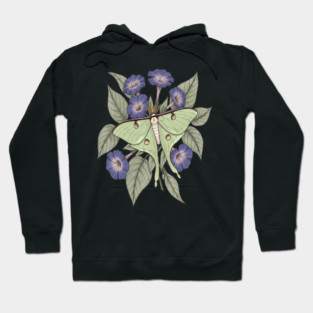 Luna Moth with Violet Botanical Blooms Hoodie