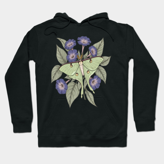 Luna Moth with Violet Botanical Blooms Hoodie by BirdsnStuff