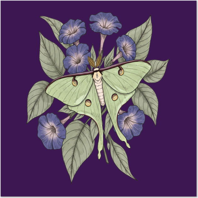 Luna Moth with Violet Botanical Blooms Wall Art by BirdsnStuff