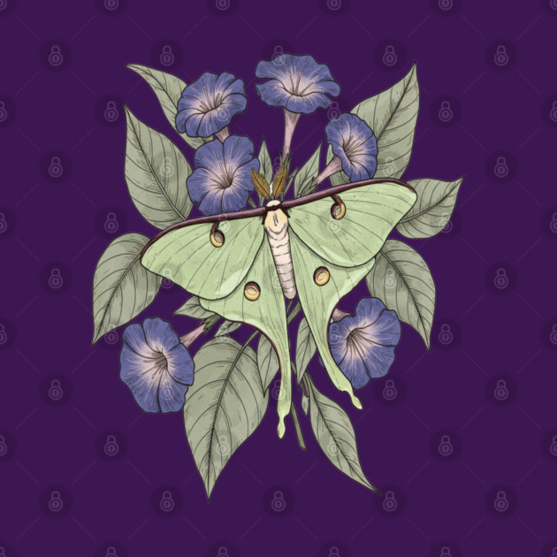 Luna Moth with Violet Botanical Blooms by BirdsnStuff