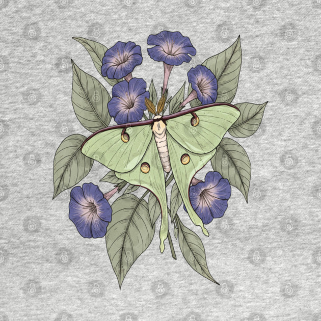 Luna Moth with Violet Botanical Blooms by BirdsnStuff
