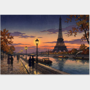 Sunset at Eiffel Tower Japanese Woodblock Print Posters and Art