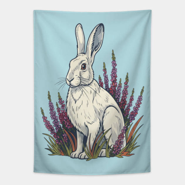 Mountain Hare with Pale Heather Blooms Tapestry by BirdsnStuff